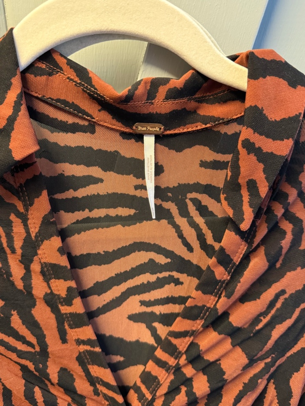 Free People Rust and Black Zebra Ruched Button-Front Top - Picture 2 of 3